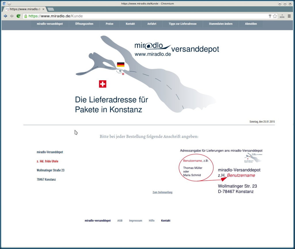 Lieferadresse angeben - Screenshot Kundenbereich für eine Lieferadresse - miradlo versanddepot