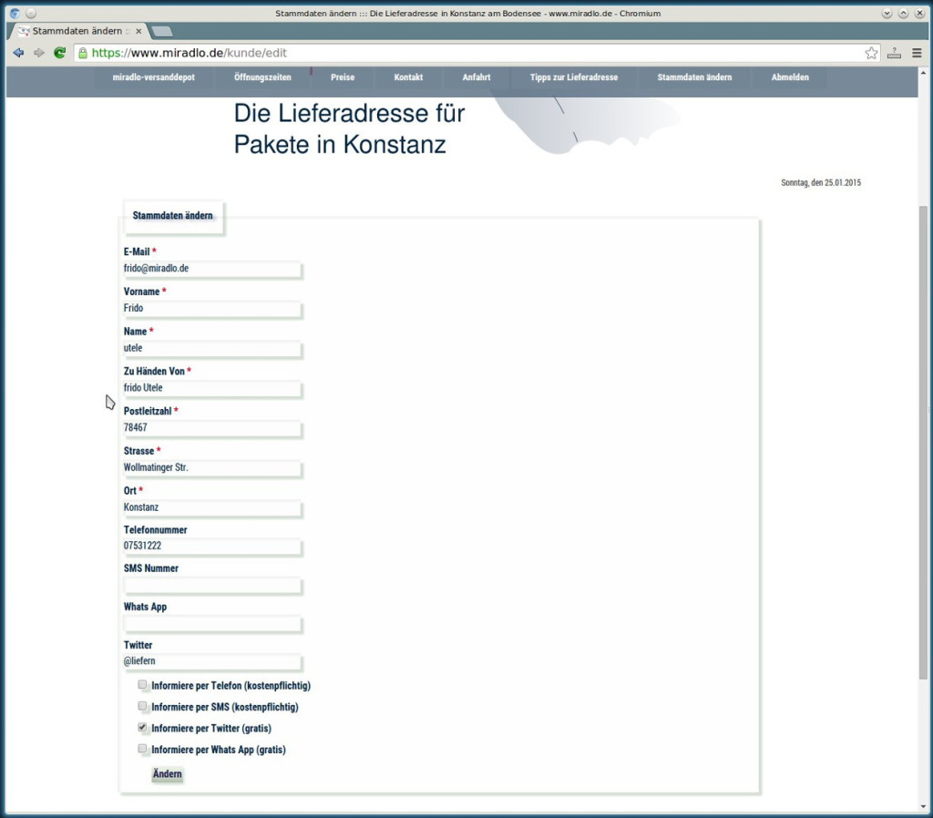Screenshot Kundenbereich für eine Lieferadresse - miradlo versanddepot