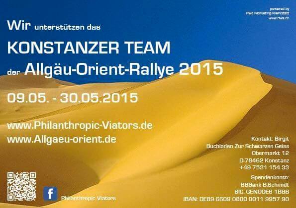 Unterstützerplakat der Philanthropic Viators aus Konstanz - Allgäu-Orient-Rallye 2015