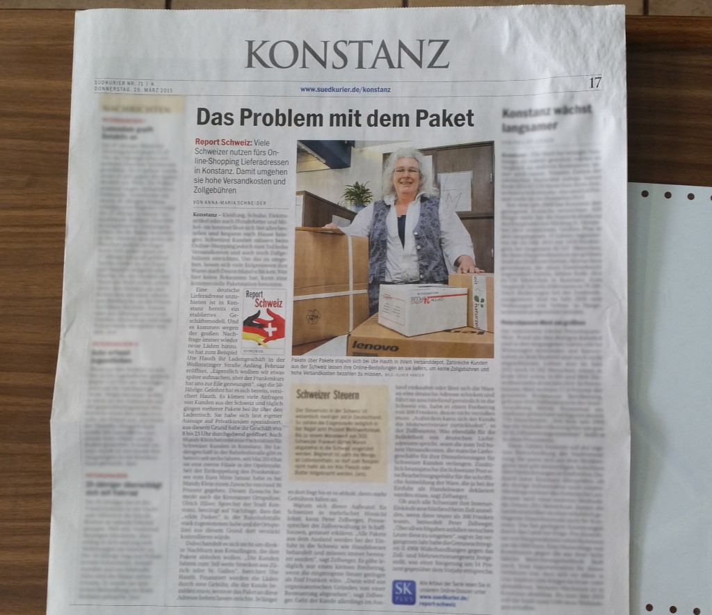 Leitartikel im Teil Konstanz des Südkurier vom 26.3.2015 über Lieferadressen mit Foto und Interview des miradlo Versanddepot