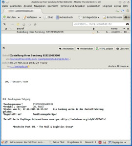Screenshot Spam-Schadsoftware-E-Mail als reine Text-E-Mail und ohne weitere Inhalte nachzuladen