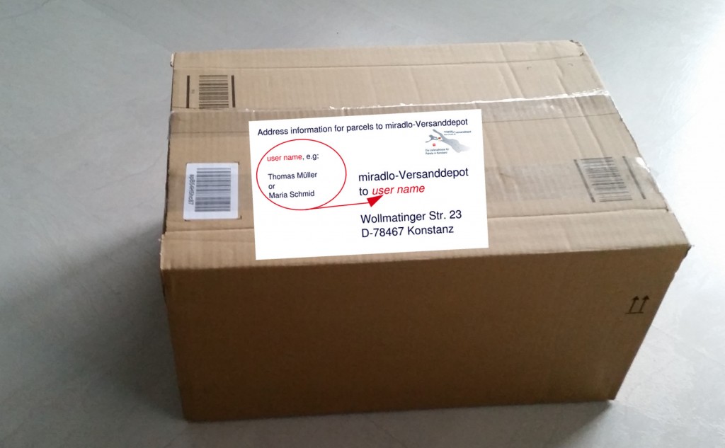 parcel address info for shipping to German delivery address miradlo-Versanddepot, Konstanz
