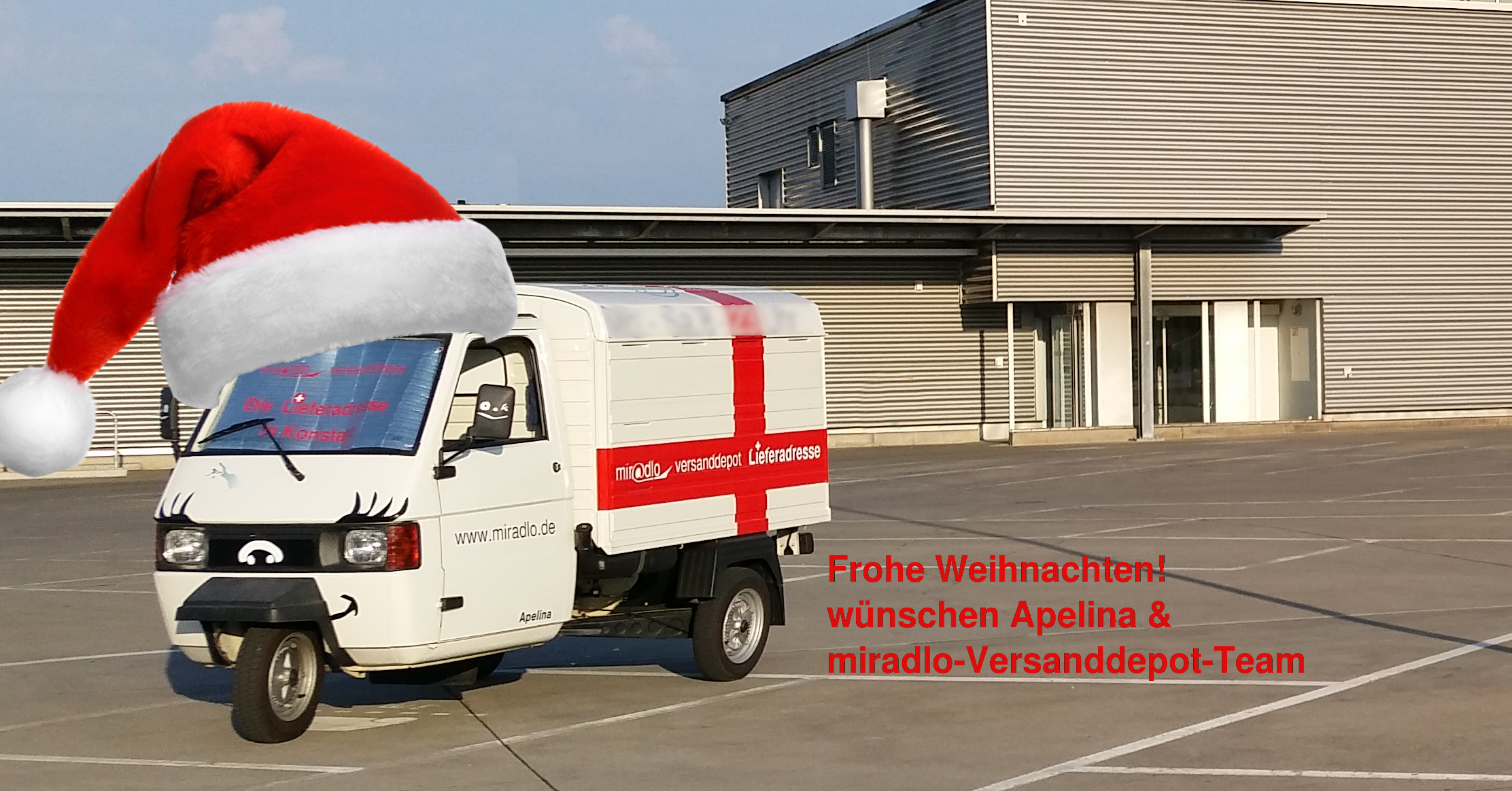 Frohe Weihnachten wünschen Apelina und das miradlo-Versanddepot-Team, mit Weihnachtsmützen-Apelina