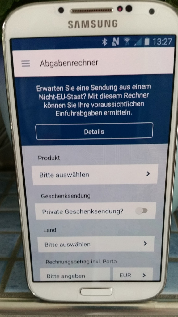 Oberfläche der App des deutschen Zolls um Gebühren zu kalkulieren, schnell, einfach, informativ, miradlo Versanddepot, Lieferadresse Konstanz