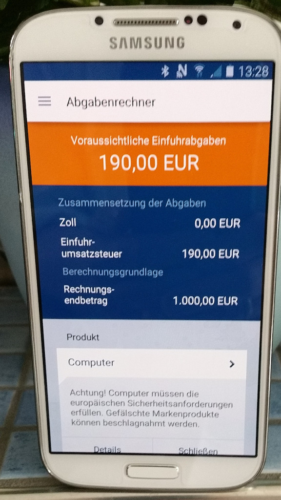 Beispiel einer Berechnung in der App des deutschen Zolls um Gebühren zu kalkulieren, schnell, einfach, informativ, miradlo Versanddepot, Lieferadresse Konstanz