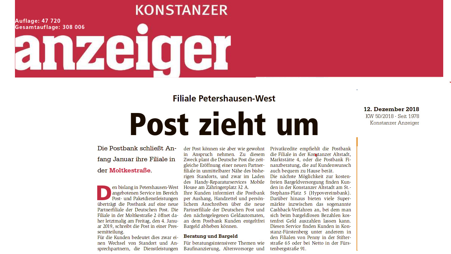 Konstanzer Anzeiger berichtet über Schließung der Post in der Moltkestraße am 4.1.2019 --- Paketshop im miradlo-Versanddepot bleibt geöffnet
