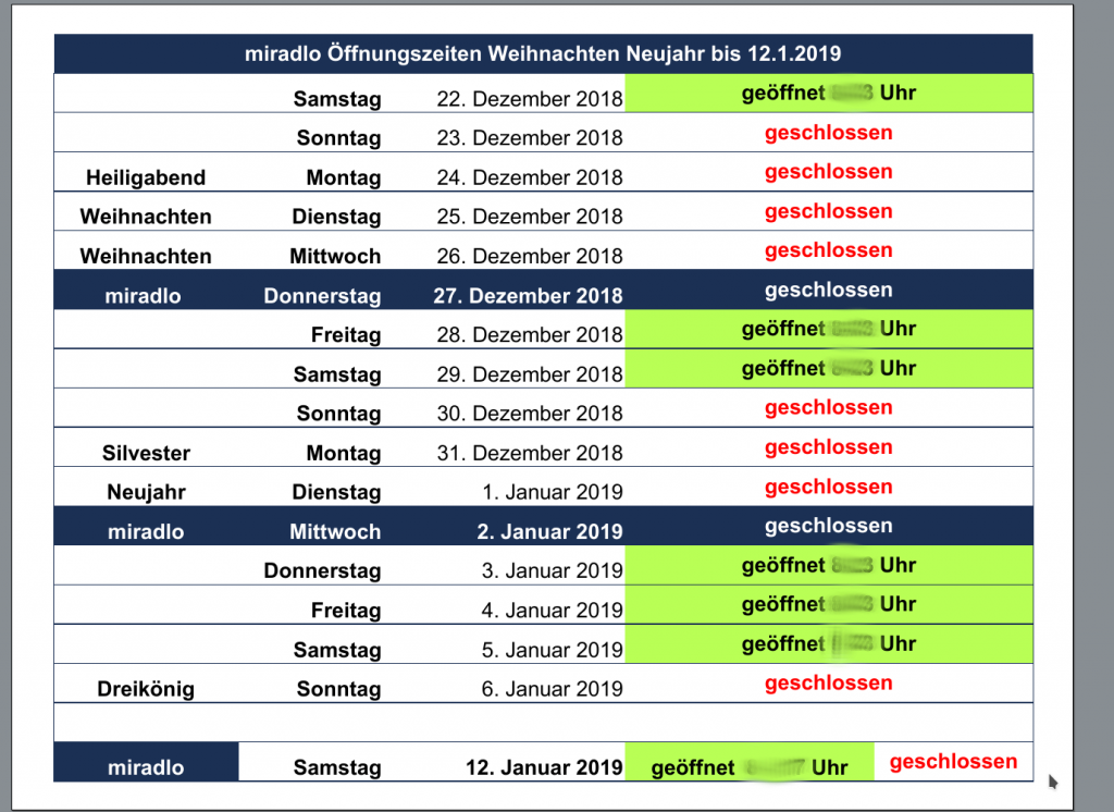 Öffnungszeiten, Feiertage, Betriebsschließung von Weihnachten 2018 bis zum 12.1.2019 - miradlo Versanddepot Konstanz