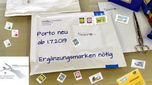 Ergänzungsmarke, Brief, Standardbrief, Porto, Postkarten, Briefmarken, Internetmarke, Portoerhöhung ---- miradlo-Versanddepot, Lieferadresse Konstanz mit DHL-Shop