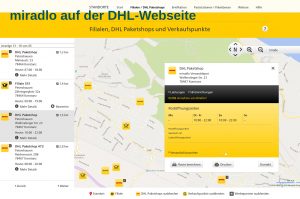 DHL-Webseite beim miradlo Paketshop sind die möglichen Leistungen zunächst nur versteckt angezeigt- miradlo Versanddepot 