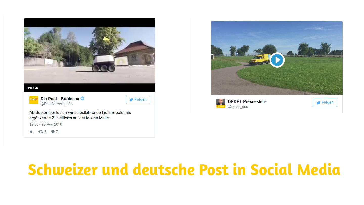 Screenshot von Tweets schweizer Lieferroboter, CH-Post und Tweet mit E-Kfz von DPDHL, Text schweizer und deutsche Post in Social Media
